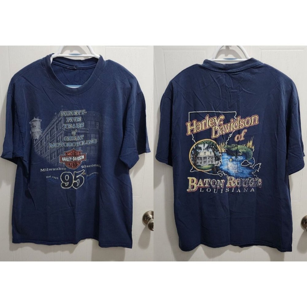 VTG Harley Davidson Blue Batin Rouge LA 95th Anniversary 1998 T Shirt Size XL